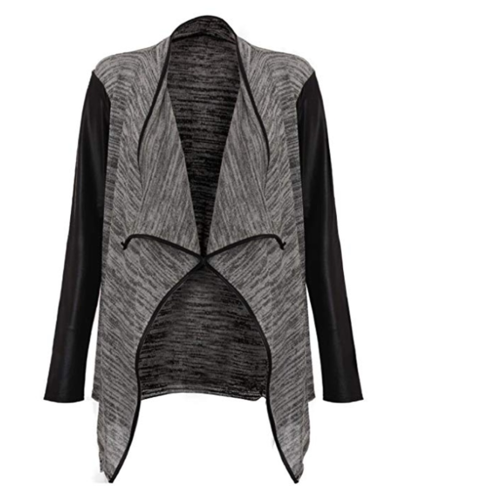 Womens Grey Leather Sleeved Waterfall Cardigan